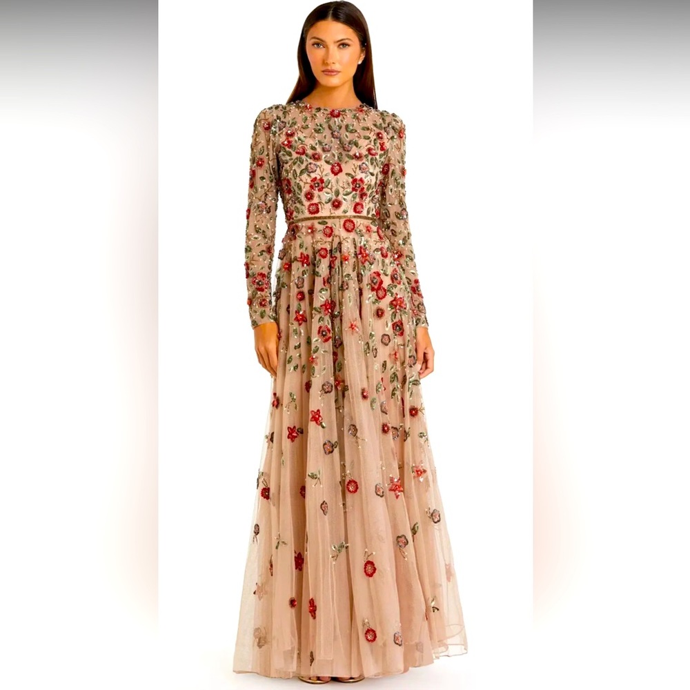 NWT Mac Duggal Floral Embroidered Long Sleeve Dress in Red and Green